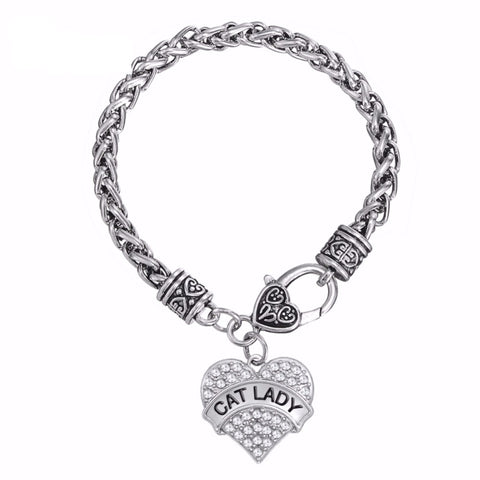 "Cat Lady" Heart Crystal Charm Bracelet