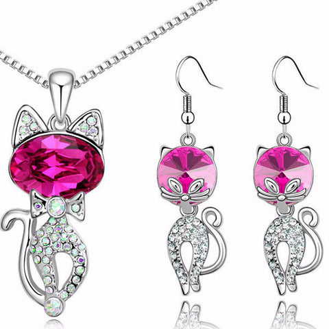 Crystal Cat Pendant Necklace & Earrings (4 Colors)