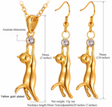 "Hang in There" Cat Pendant Necklace & Earrings (2 Colors)