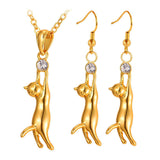 "Hang in There" Cat Pendant Necklace & Earrings (2 Colors)