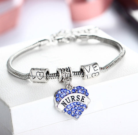 Nurses Love & Heart Crystal Charm Bracelet (3 Colors)